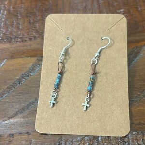 Silver and Blue Cross Dangle Earrings